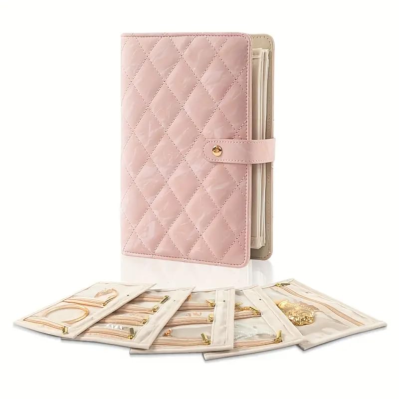 Pink quilted jewelry organizer with jewelry on a white background