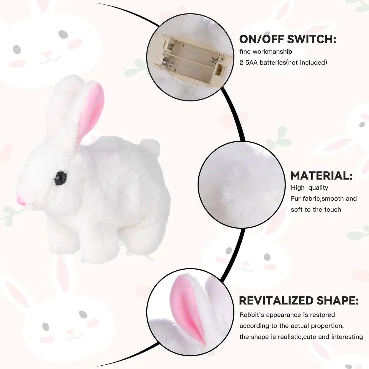 White rabbit plush toy with pink ears on a white background, featuring text about its features.