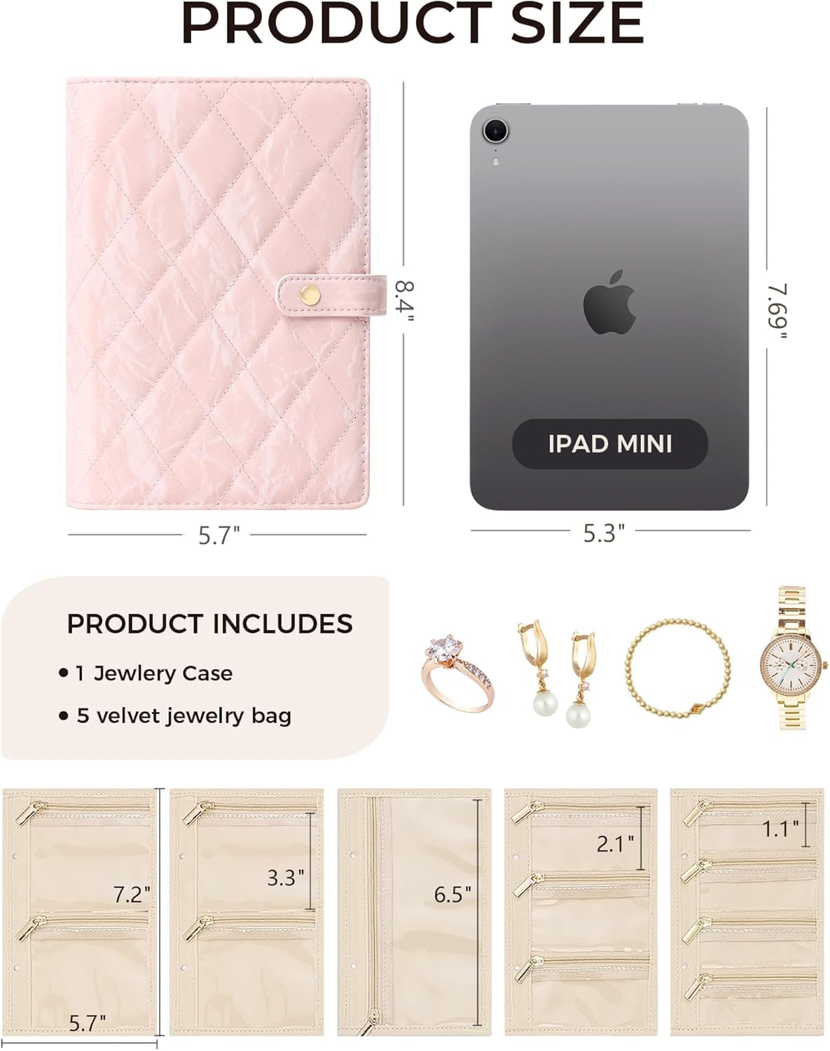 Product size comparison with an iPad Mini, jewelry case, and jewelry bags.
