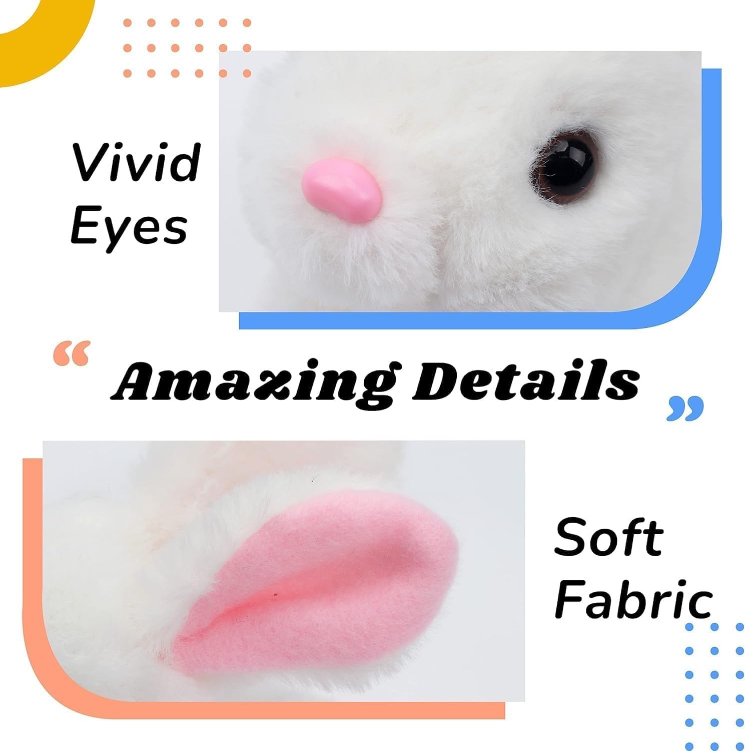 Close-up of a plush toy with text highlighting 'Vivid Eyes', 'Amazing Details', and 'Soft Fabric'.