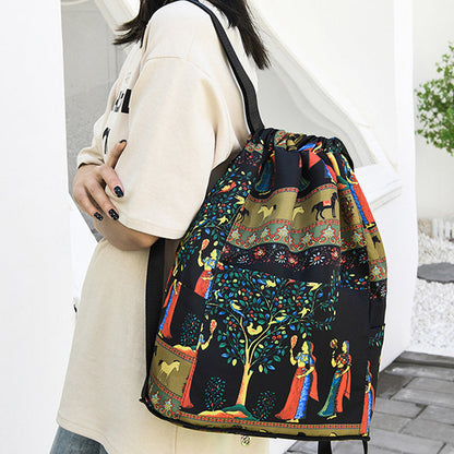 FabFolkTrail™ Folk-Print Foldable Drawstring Backpack