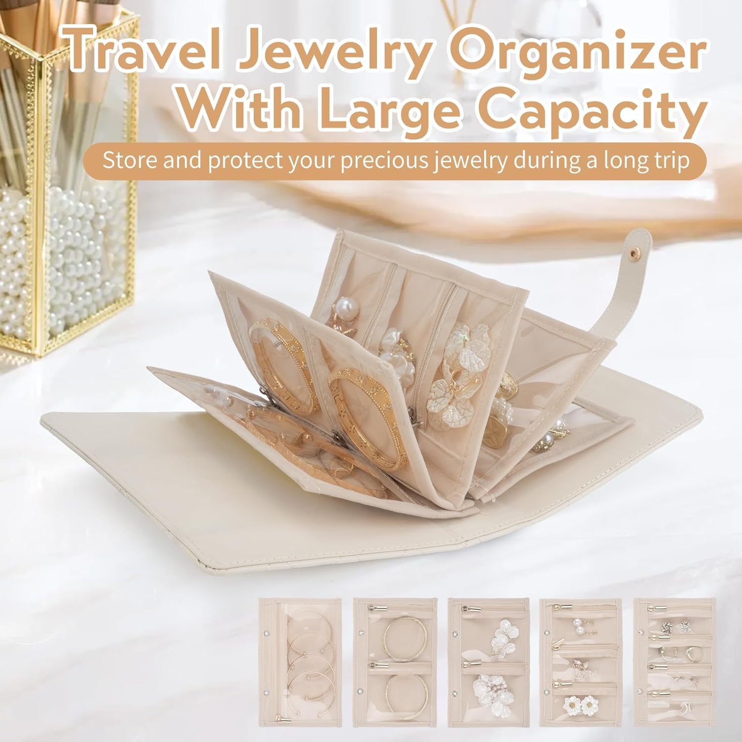 Travel jewelry organizer with large capacity on a white background