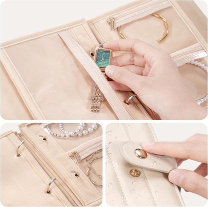 Jewelry organizer with a hand placing a watch inside, close-up of the organizer, and a hand holding the organizer.