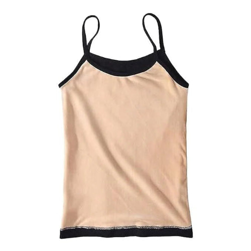 Beige camisole with black trim on a white background