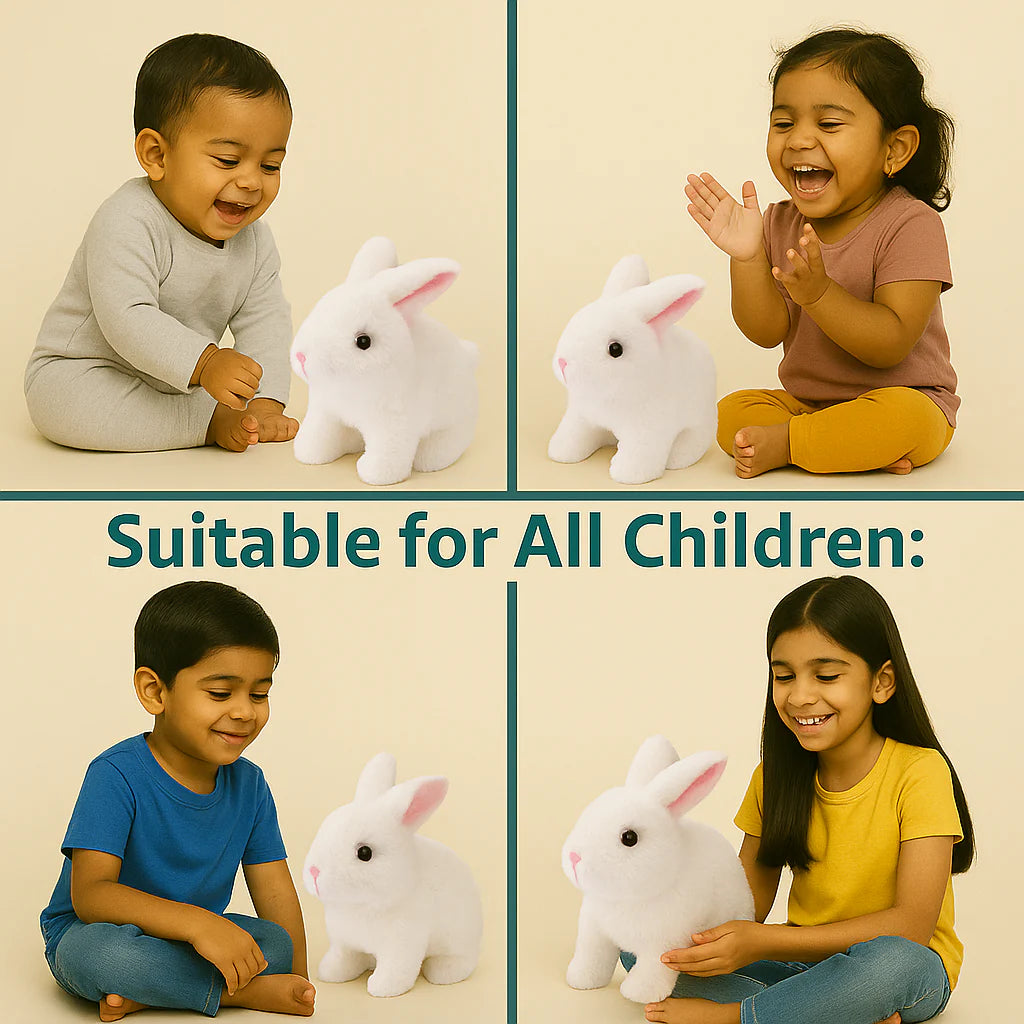Four children playing with a plush rabbit toy on a beige background, with text 'Suitable for All Children'.