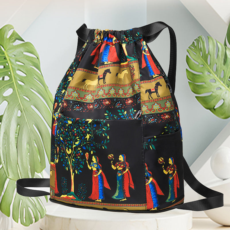 FabFolkTrail™ Folk-Print Foldable Drawstring Backpack