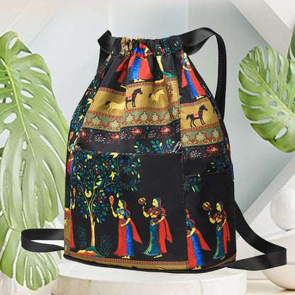 FabFolkTrail™ Folk-Print Foldable Drawstring Backpack