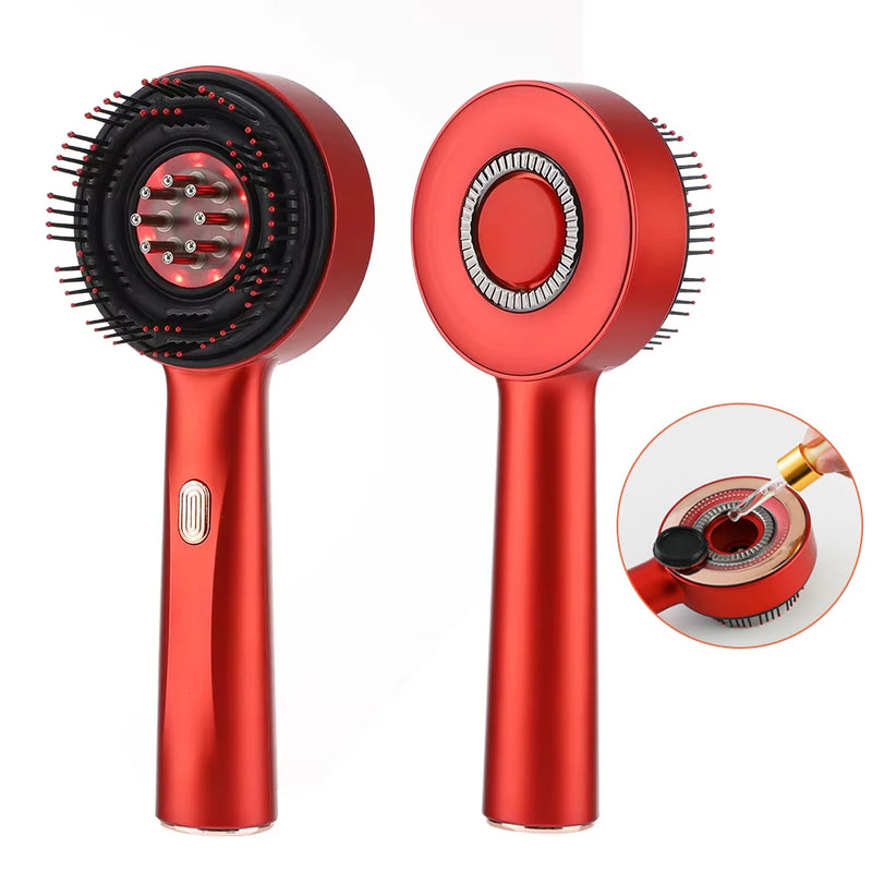Front and back views of the red electric scalp brush
