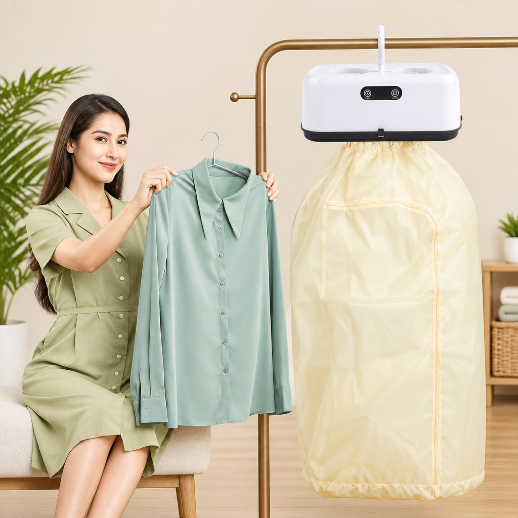 Woman holding a green shirt next to a hanging dryer with text on a green background