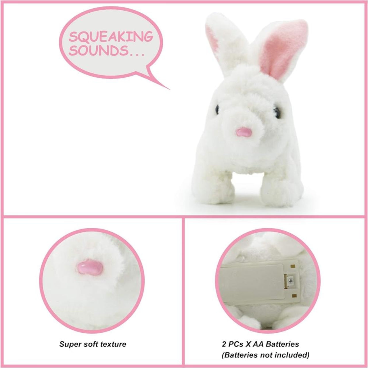 White plush bunny toy with pink ears and a speech bubble indicating squeaking sounds, on a pink background.