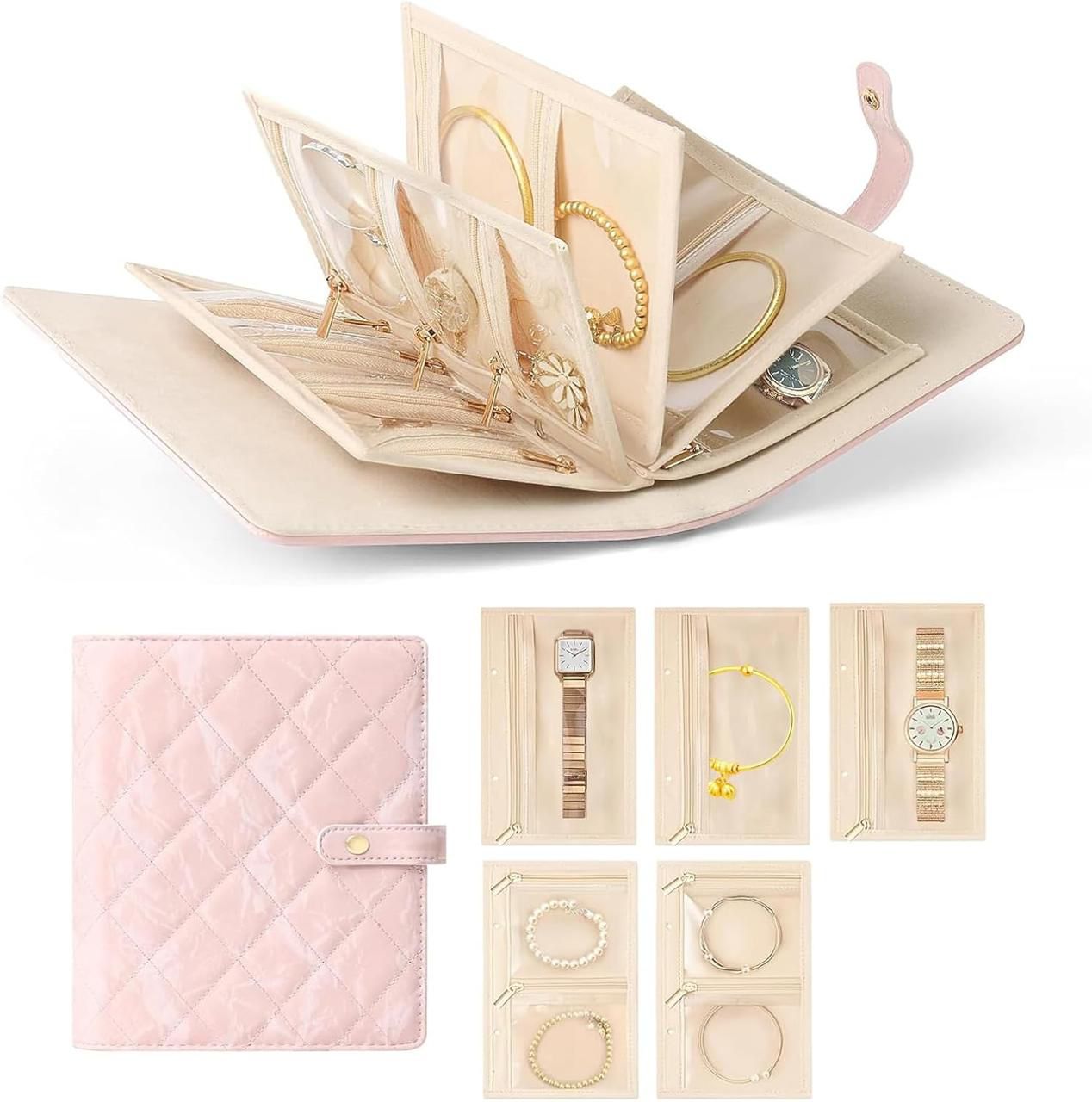 Jewelry organizer with various compartments and a pink cover on a white background