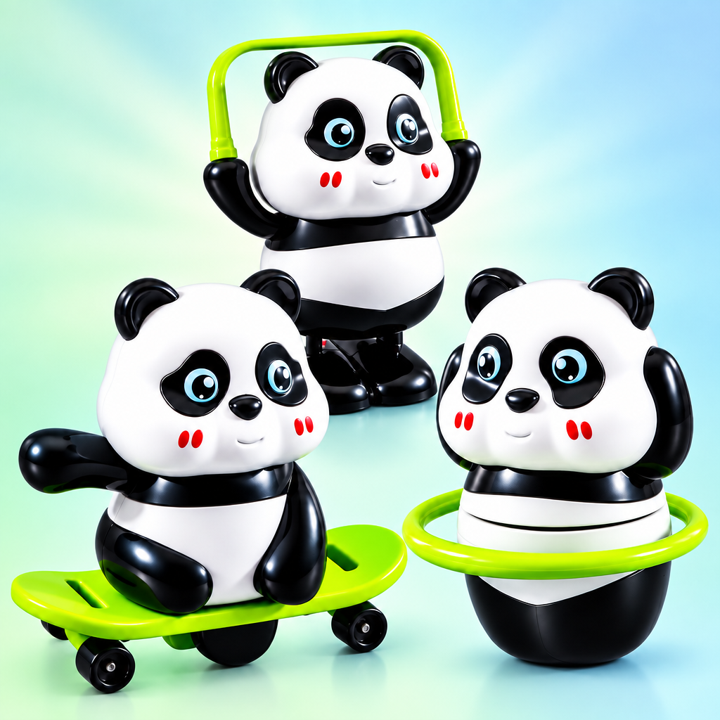 Three panda-shaped toy products on a plain white background: one standing panda holding a green handle, one panda sitting on a green skateboard, and one panda sitting in a green ring with a striped body.