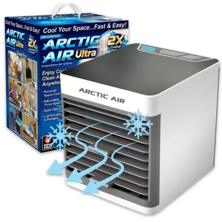 Arctic Air Ultra air cooler with packaging and power cable on a white background