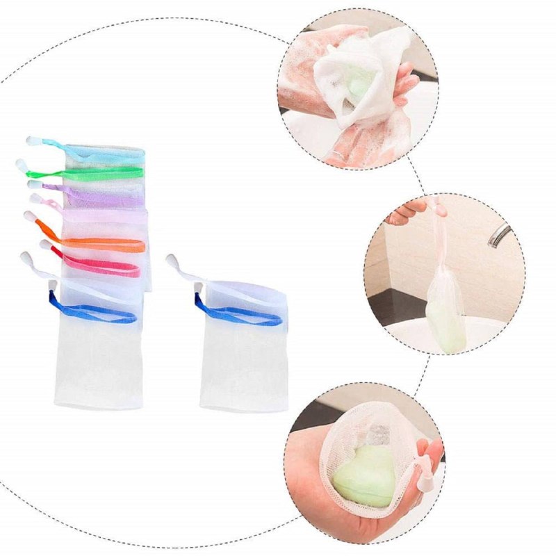 Dynamic supplier view of coloured-trim white mesh soap pouches