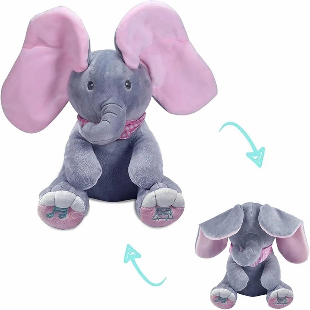 FabFlap grey peekaboo elephant plush with pink moving ears