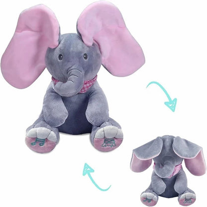 FabFlap grey peekaboo elephant plush with pink moving ears