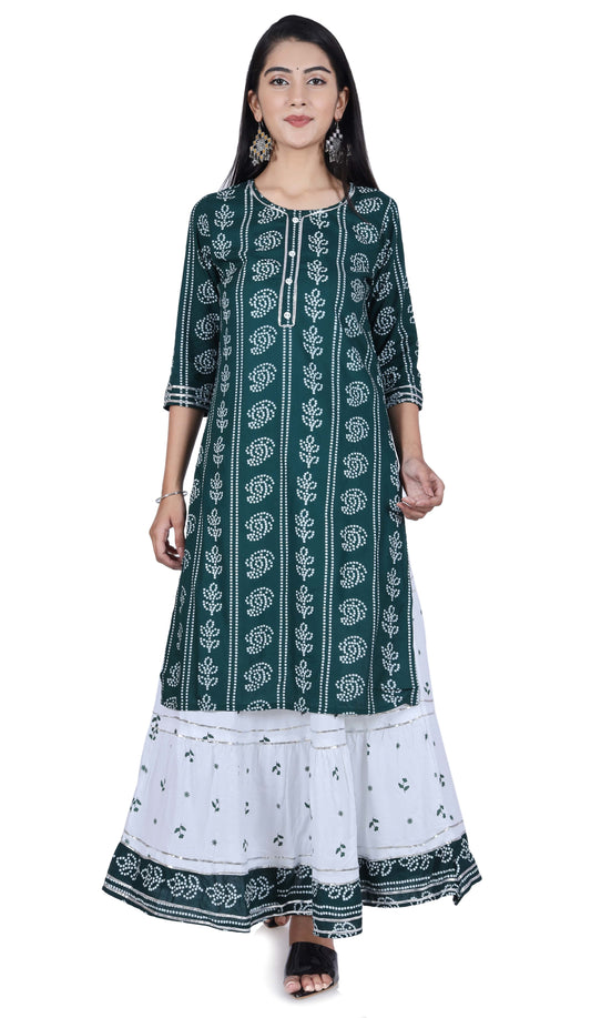 Green Printed Cotton Kurta and Skirt Set