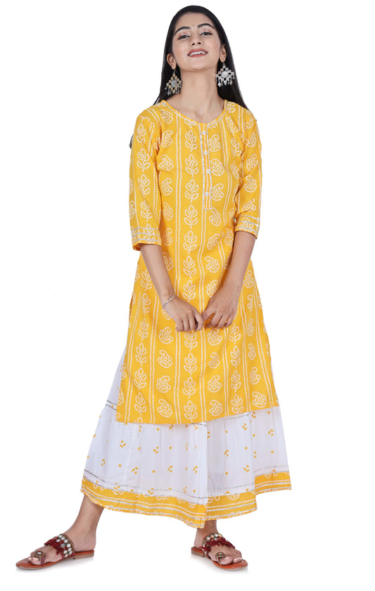 Yellow Printed Cotton Kurta and Skirt Set